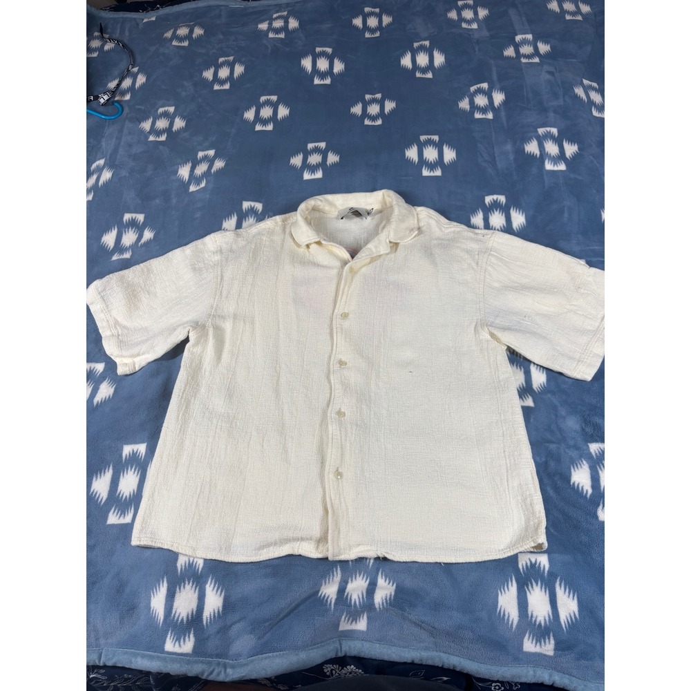 Scuffers Cream Textured Short Sleeve Button Down Shirt Back Graphic Womens M